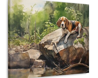 Beagle-muurkunst - aquarel gedrukt op ingelijst canvas van 20 x 16 inch - cadeau voor beagle-eigenaar - beagle naast een beekje