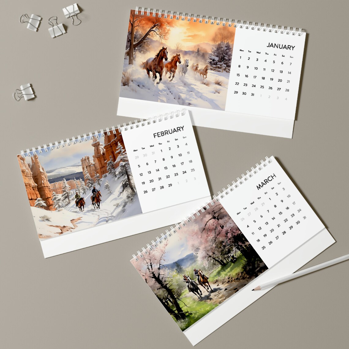 Horse Desk Calendar 2024 Grid Ideal Gift for Horselovers, 12