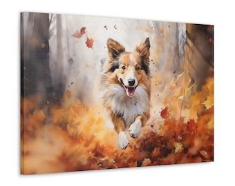 May include: A brown and white dog runs through a forest with fallen autumn leaves. The dog is smiling and has its tongue out. The leaves are orange, yellow, and red.