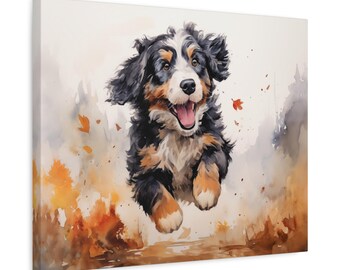 Puede incluir: Impresión en lienzo de una pintura de acuarela de un cachorro de Boyero de Berna feliz saltando. El perro tiene pelaje negro, marrón y blanco, con la lengua fuera. El fondo tiene colores otoñales de naranja, marrón y gris.