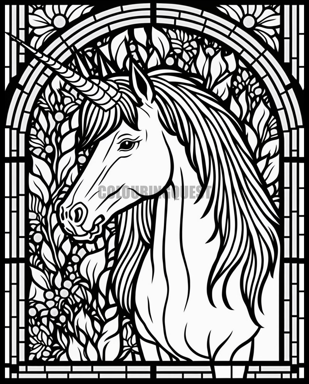 Unicorn Stained Glass Window Printable Adult Coloring Page From