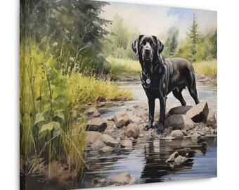 Black Labrador Watercolor Printed Canvas - Frameless Wall Art gift for Black Labrador owner, Black Labrador standing in a stream