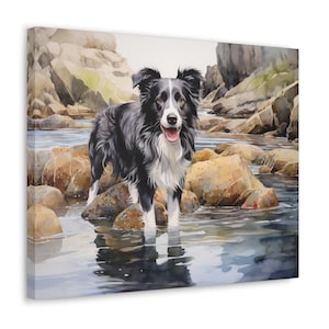 Border Collie Aquarell gedruckte Leinwand - Rahmenloses Wandkunst Geschenk für Border Collie Besitzer - Border Collie erkundet Rock Pools