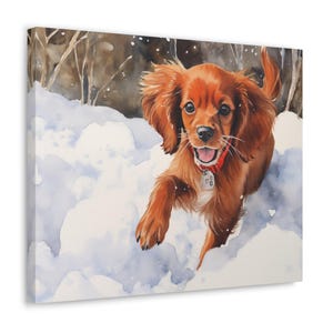 Ruby Cavalier King Charles Spaniel Wall Art - Watercolor Printed on unframed 20 x 16 inch Canvas - Ruby Cavalier Puppy bounding in snow