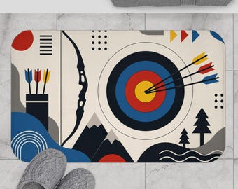 Modern Archery Bath Mat - Minimalist Target & Bow Design, Gift for Archers