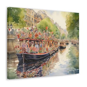 15-04 Impression aquarelle sur toile - cadeau pour le propriétaire de grand bateau, représente la parade des bateaux sur le canal, Regent&#39;s Canal, Londres, Angleterre