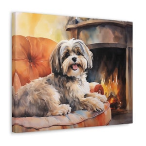 Shih Tzu Wall Art - Watercolor Printed on unframed Canvas - gift for Shih Tzu owner - Shih Tzu by a cozy fireplace