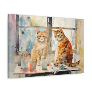 Ginger Cats Watercolor Canvas Print - Wall Art gift for Cat lover - inquisitive ginger cats perched in an art studio