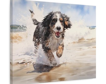 May include: Watercolor painting of a dog running through ocean waves. The dog has black, white, and brown fur and is mid-stride with its mouth open. The background shows a blue sky and breaking waves.
