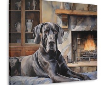 Great Dane Wall Art - Watercolor Printed on unframed Canvas - gift for Great Dane dog owner - Great Dane by a cozy fireplace