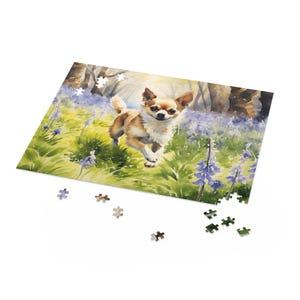 Chihuahua and Bluebells Jigsaw Puzzle (120, 252, 500-Piece) - watercolor of chihuahua in a woodland carpeted with bluebells - Printed in USA
