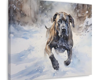 Great Dane Wall Art - Watercolor Printed on unframed Canvas - gift for Great Dane dog owner - Great Dane in frosty countryside