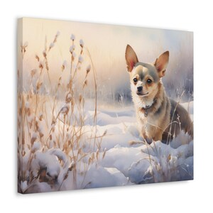 Chihuahua Watercolor Printed Canvas - Frameless Wall Art gift for Chihuahua owner, Chihuahua enjoying a frosty walk in January
