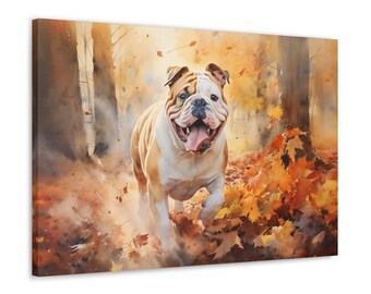 English Bulldog Watercolor Canvas Print - Wall Art gift for Bulldog owner - English Bulldog running through a forest of autumn leaves