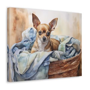 Chihuahua Watercolor Printed Canvas - Frameless Wall Art gift for Chihuahua owner, Chihuahua sat in a comfy dog bed