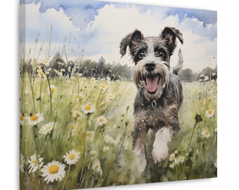 Miniature Schnauzer Wall Art - Watercolor Printed on unframed Canvas - gift for Miniature Schnauzer owner - Schnauzer among daisies