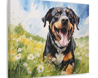 May include: A black and brown dog with a white collar is running through a field of white daisies. The dog has its mouth open and tongue out, as if it is smiling. The background is a watercolor painting of a blue sky with white clouds.