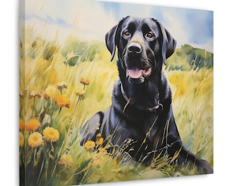 Pode incluir: Um cão Labrador Retriever preto está sentado em um campo de flores silvestres amarelas. O cão está olhando diretamente para o espectador com a língua de fora. O fundo é uma pintura em aquarela de um campo com céu azul.
