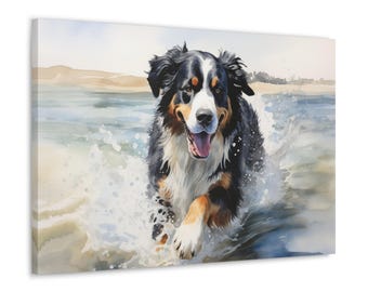 Bernese Mountain Dog Watercolor Canvas Print - Wall Art gift for Bernese Mountain Dog owner - Bernese running through the surf