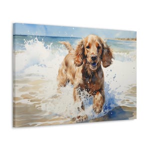 Cocker Spaniel Watercolor Printed Canvas - Frameless Wall Art gift for Cocker Spaniel owner - Cocker Spaniel frolicking in the ocean waves