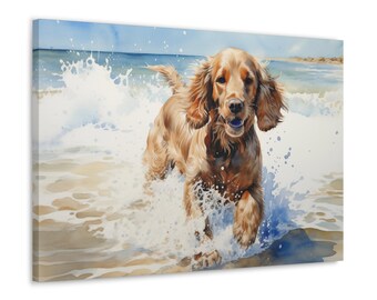 Cocker Spaniel Watercolor Printed Canvas - Frameless Wall Art gift for Cocker Spaniel owner - Cocker Spaniel frolicking in the ocean waves