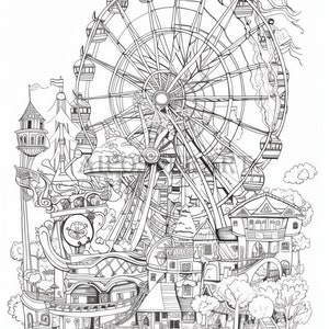 Crowded Funfair - Very Detailed Comical Coloring Sheet for Adults - Printable Coloring Page - Advanced Coloring - High Res 5376x8064 pixels