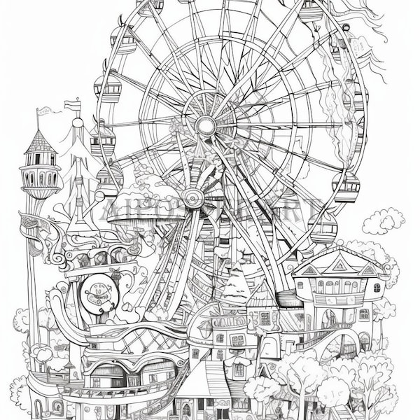 Crowded Funfair - Very Detailed Comical Coloring Sheet for Adults - Printable Coloring Page - Advanced Coloring - High Res 5376x8064 pixels