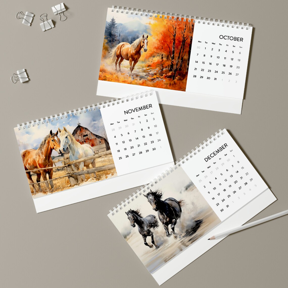 Horse Desk Calendar 2024 Grid Ideal Gift for Horselovers, 12