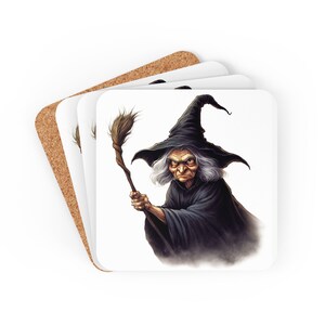 Halloween Witch Coaster Set  - 4 Cork-Backed Square Coasters, printed in USA
