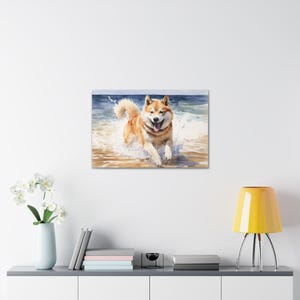Akita Watercolor Printed Canvas - Frameless Wall Art gift for Akita owner - Akita as it joyfully splashes through the ocean surf
