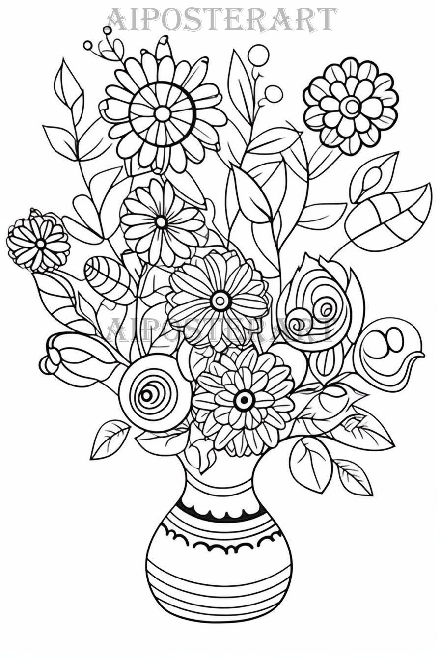 Vase of Flowers Coloring Page for Kids and Adults Printable Flowers