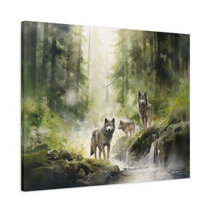 Lienzo de acuarela de lobos del noroeste del Pacífico: arte mural místico de la selva tropical, pintura sin marco inspirada en la naturaleza para amantes de la vida silvestre.