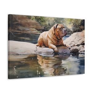 Chinese Shar-Pei Watercolor Canvas Print - Wall Art gift for Chinese Shar-Pei owner - Chinese Shar-Pei on a sunlit rock by a peaceful pond