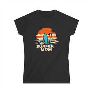 Surfer Mom T-Shirt - Softstyle Tee with text &quot;SURFER MOM&quot; below a surfing graphic, surfing mom tee, gift t-shirt for your surfing mom!