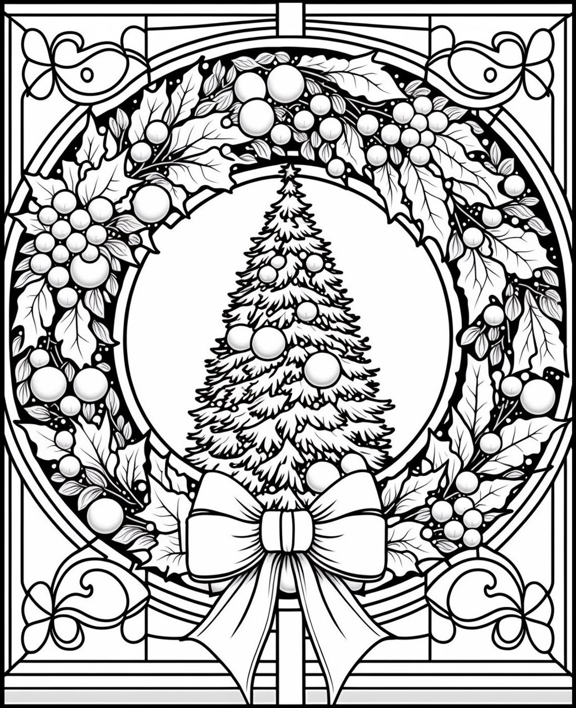 christmas-tree-and-wreath-printable-adult-coloring-page-from-colouringquest-coloring-book-pages