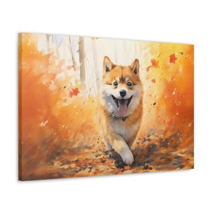 Akita Watercolor Canvas Print - Wall Art gift for Akita owner - Akita bounding through a forest filled with brilliant autumn leaves