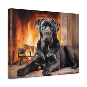 Cane Corso Watercolor Canvas Print - Cozy Fireplace and Black Mastiff