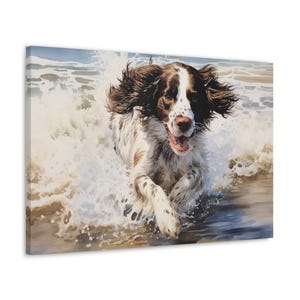 Englisch Spring Spaniel Aquarell Gedruckte Leinwand - Rahmenloses Wand Kunst Geschenk für Englisch Springer Spaniel Besitzer - Herumtollen in den Wellen
