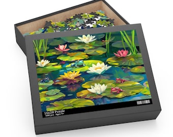 Lily Pad Frogs Jigsaw Puzzle (120, 252, 500-Piece) -  lush green lily pads, vibrant water lilies and adorable frogs - Printed in USA