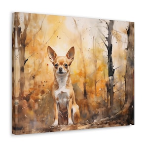 Chihuahua Watercolor Printed Canvas - Frameless Wall Art gift for Chihuahua owner, Fall scene of Chihuahua sitting in a autumnal leaves
