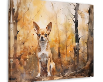 May include: A watercolor painting of a small, brown and white chihuahua sitting in a forest setting. The background is a soft, muted yellow and brown, with trees and leaves.
