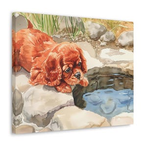 Ruby Cavalier King Charles Spaniel Wall Art - Watercolor Printed on unframed 20 x 16 inch Canvas - Ruby Cavalier Puppy gazing into a pond