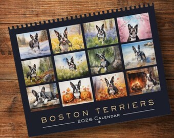 Calendario de pared Boston Terrier 2026 con 12 acuarelas de Boston Terriers