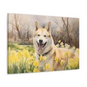 Akita Watercolor Canvas Print - Wall Art gift for Akita owner - Akita amidst a field of vibrant yellow daffodils - printed in USA