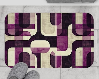 Retro Bath Mat - non-slip bath mat featuring a bold geometric pattern in deep plum, cream, and black hues - Printed in USA