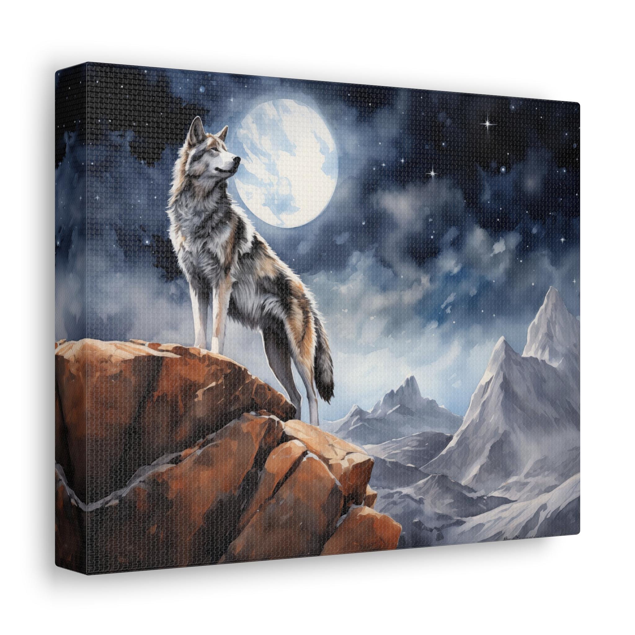 Majestic Wolf Under Full Moon Watercolor Canvas - Mystical Rockies Majestic Wolf Under Full Moon Watercolor Canvas - Mystical Rockies
