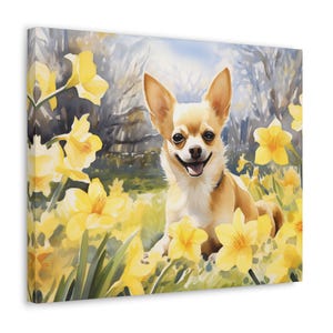 Chihuahua Watercolor Printed Canvas - Frameless Wall Art gift for Chihuahua owner, Chihuahua in a park with daffodils in February