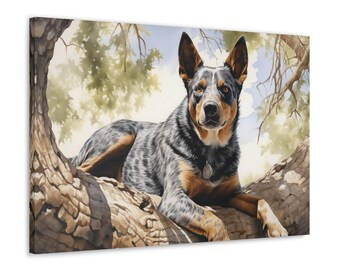 Australian Cattle Dog Watercolor Printed Canvas - Wall Art gift for Australian Cattle Dog owner - Australian Cattle Dog resting under a tree