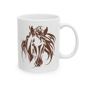 Horse Face Ceramic Mug, (11oz, 15oz) - White Mug for horse lover, horse coffee mug (brown graphic)