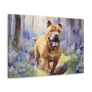Chinese Shar-Pei Watercolor Canvas Print - Wall Art gift for Chinese Shar-Pei owner - Shar-Pei in a woodland carpeted with vibrant bluebells